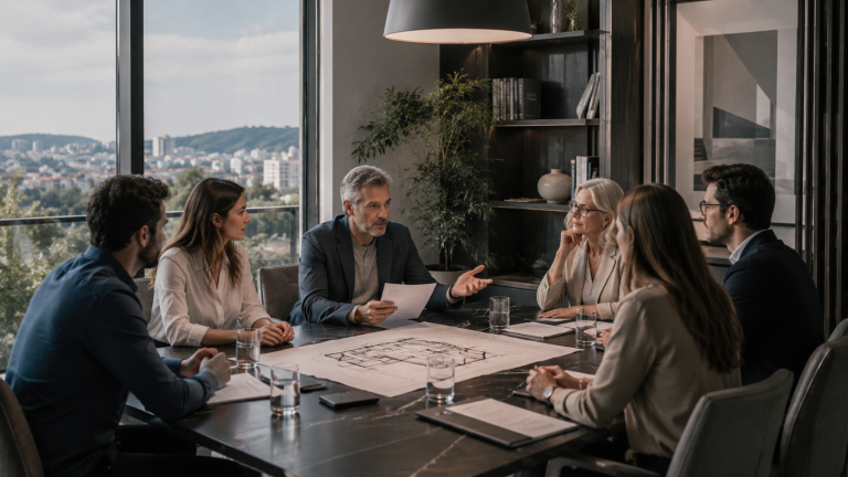 Reunião organizada com documentos e planta de um edifício sobre a mesa
