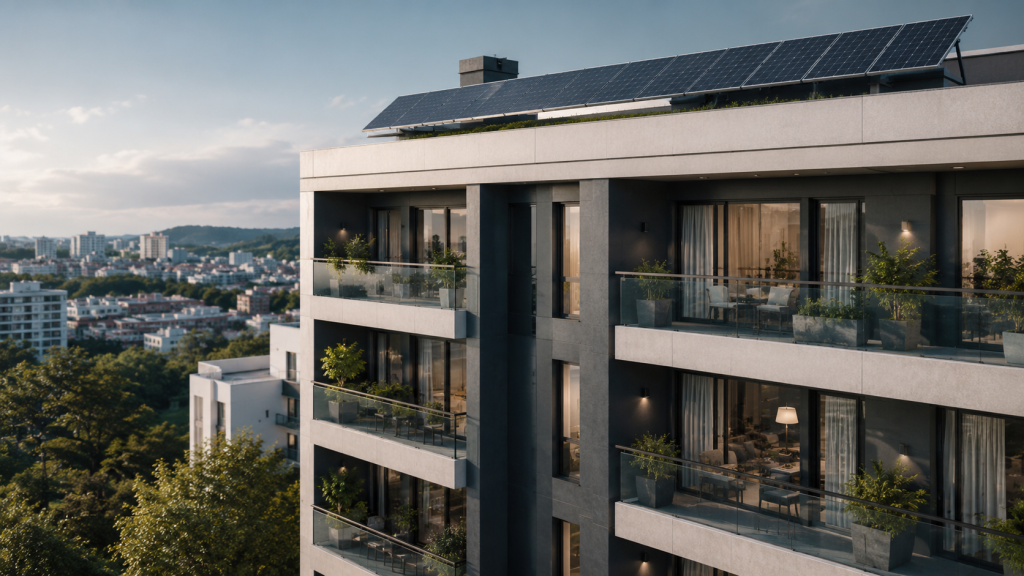 Edifício residencial moderno com painéis solares instalados na cobertura